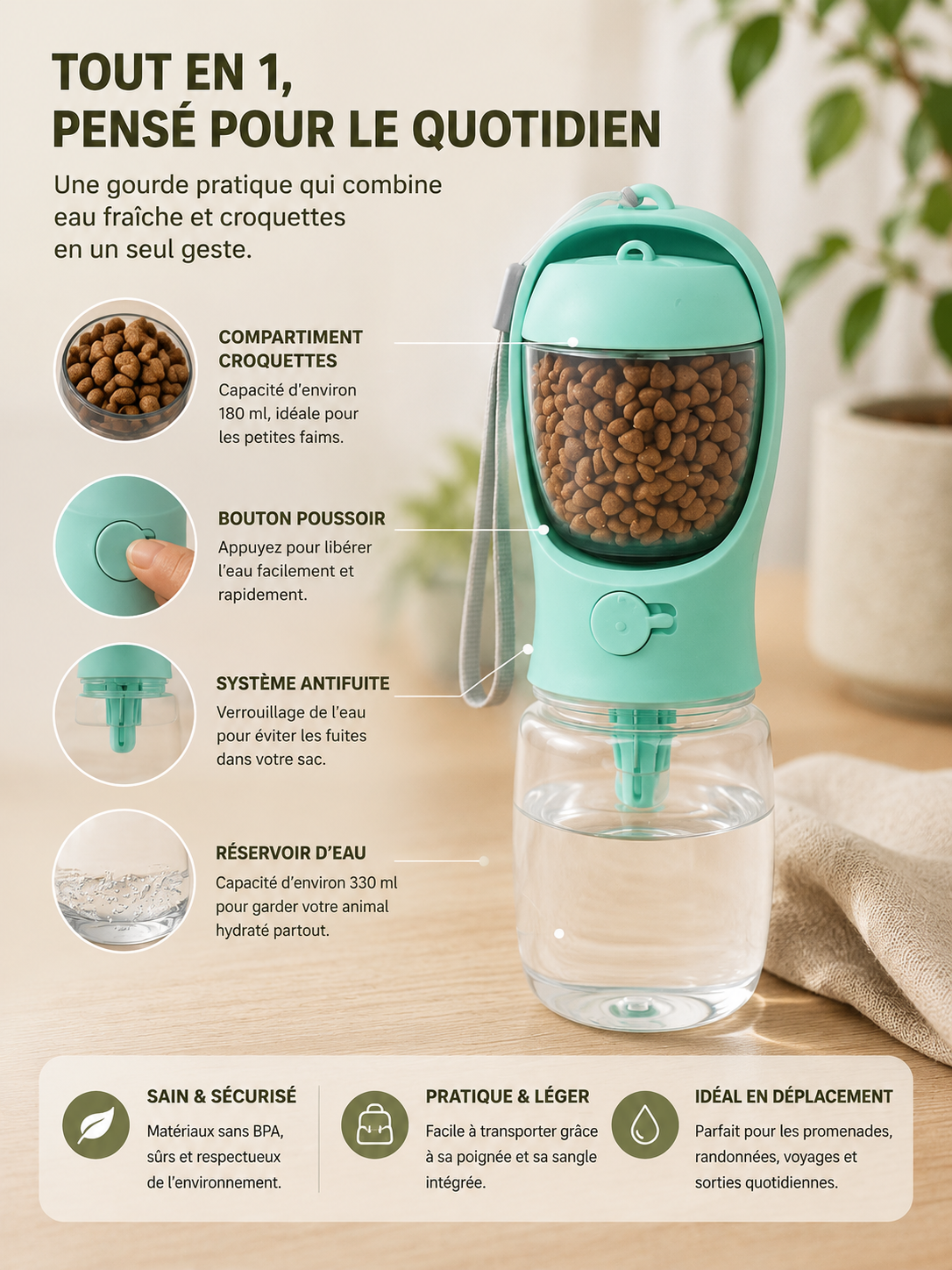 Gourde 2-en-1 pour Chien — Eau & Croquettes, Balade Facile