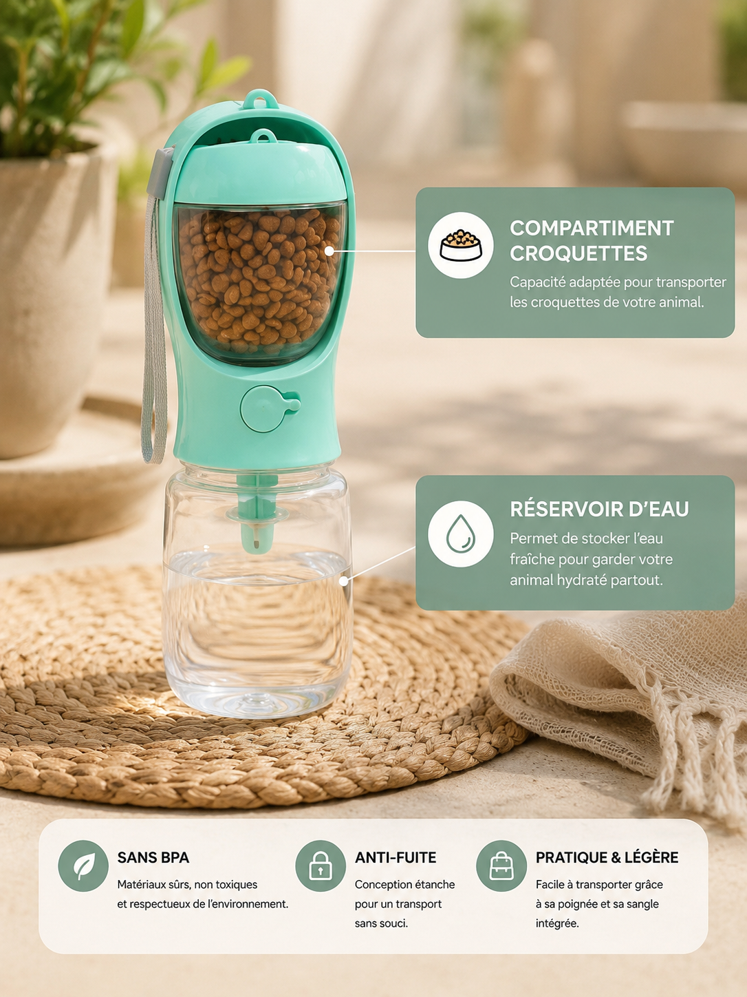 Gourde 2-en-1 pour Chien — Eau & Croquettes, Balade Facile