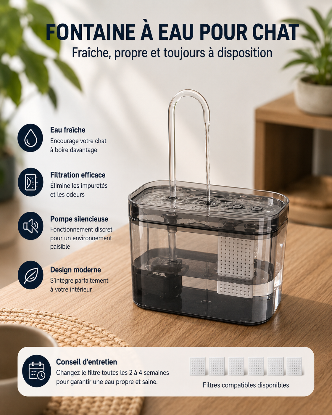 Fontaine à Eau Filtrante pour Chat — Ultra Silencieuse, USB
