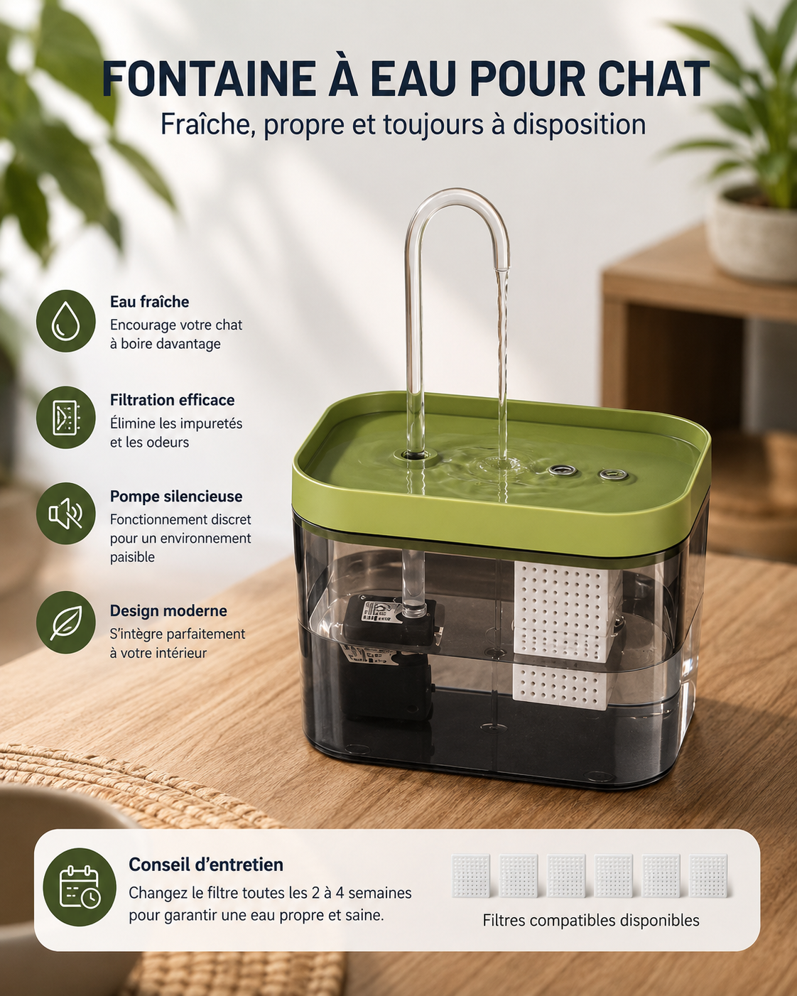Fontaine à Eau Filtrante pour Chat — Ultra Silencieuse, USB