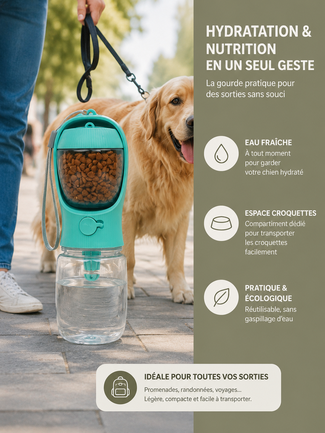 Gourde 2-en-1 pour Chien — Eau & Croquettes, Balade Facile
