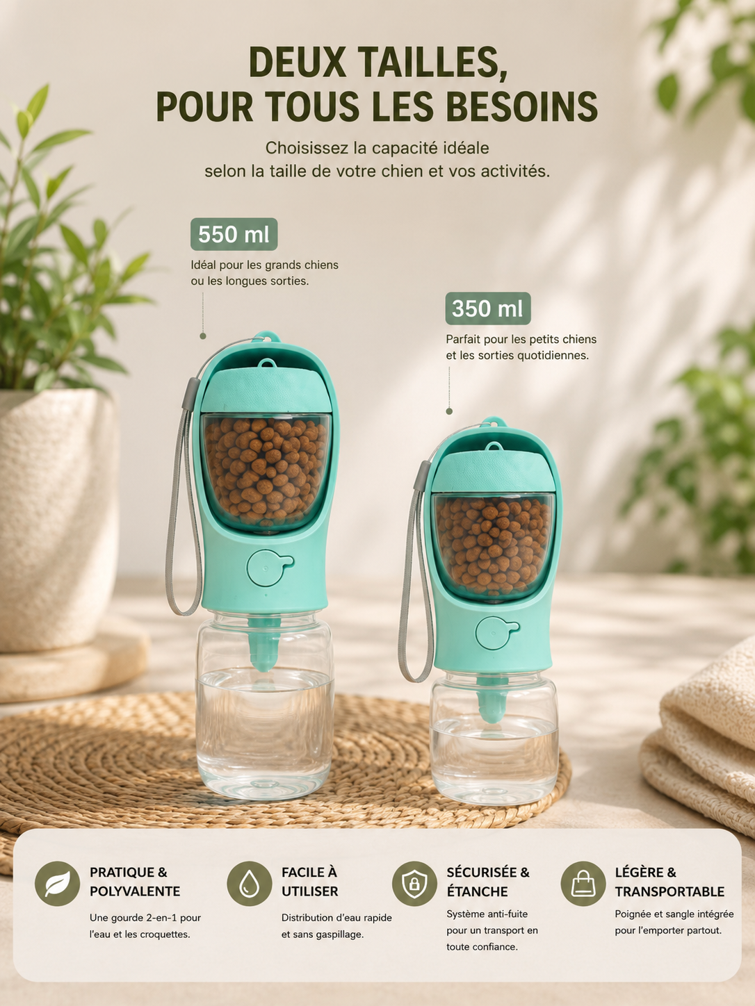 Gourde 2-en-1 pour Chien — Eau & Croquettes, Balade Facile